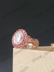 Art Deco Oval Cut Lab Created Diamond & Ruby Halo Wedding Bridal 925 Silver Ring