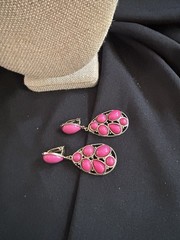 Vtg Statement Jewelry Set Pink Orange Cabochon Bib Necklace & Clip-on Earrings