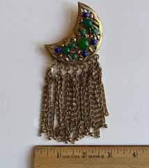 Lisner Vintage Crescent Moon Pin Brooch Jeweled Tassels Gold Tone Blue Green