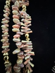 Vintage 27″ Pink AB Shell Chip 3 Strand Statement Necklace Gold Tone Boho