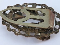 Antique Embossed Floral Bronze Metal Art Nouveau Pearl Flower Brooch Pin
