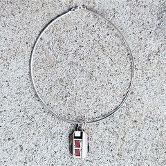 Mata Ortiz pottery shard silver pendant, silver setting on flat neckwire MOATB