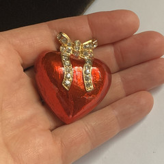 Vintage Red Enamel Puffy Heart with Rhinestone Gold tone Bow Pin Brooch