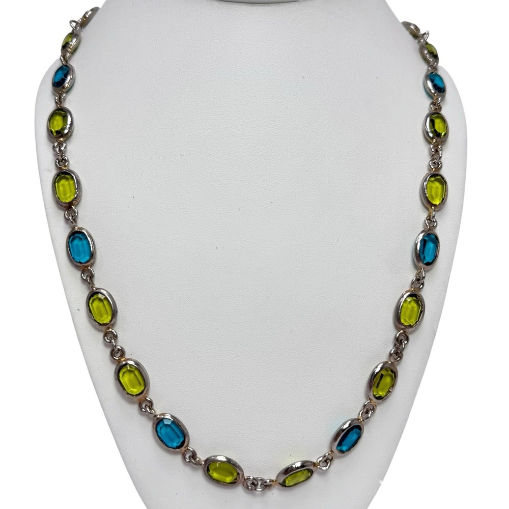 Vintage Silver Tone Necklace w/Framed Blue & Green Faceted Crystal Ovals