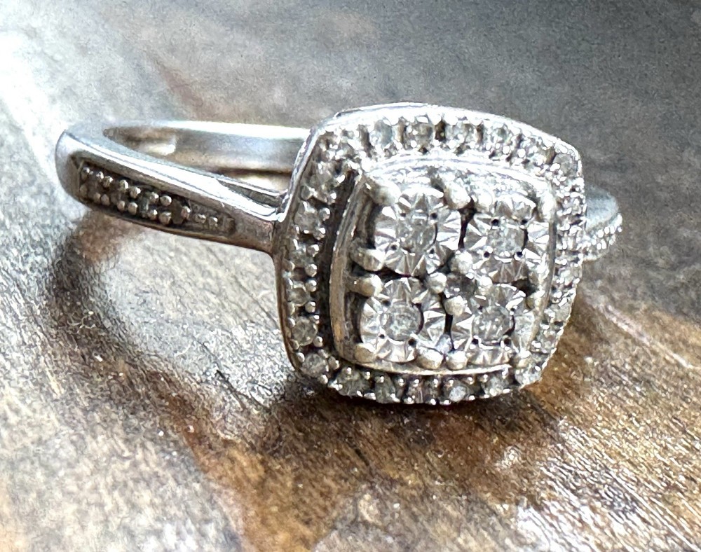Vintage 925 Sterling Silver Diamond Halo Cluster Ring Size 7 Elegant Bridal SK9