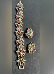 Vintage Gold Coro Red Aura Borealis Bracelet And Clip On Earring Set.