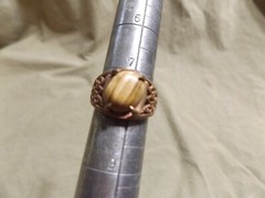 Vintage Cast Brass? Ring w Striped Jade? Oval Stone Unused Size 7.5+