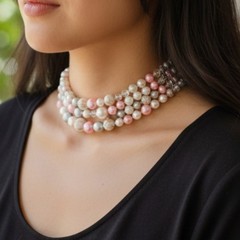 Vintage Japan-Stamped Pink Gray 3 Strand Beaded Bib Necklace Faux Pearl Crystal
