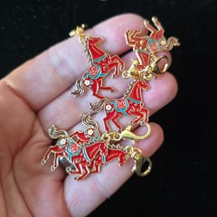 Vintage Lot Of 5 Cloisonne Red Horses Dangle Charms Pendants