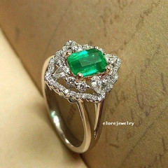 3Ct Lab Emerald Art Deco Ring 14K White Gold Plated Halo Engagement Wedding Band