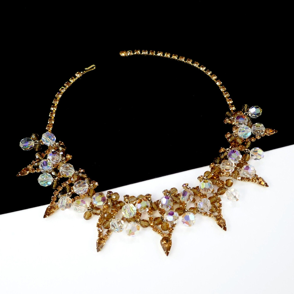 VINTAGE JULIANA D & E AMBER RHINESTONE CRYSTAL BEADED BIB NECKLACE BOOK PIECE