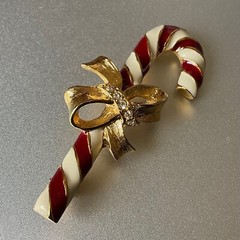 Vintage Napier Christmas Candy Cane Pin with Bow Gold Tone & Enamel