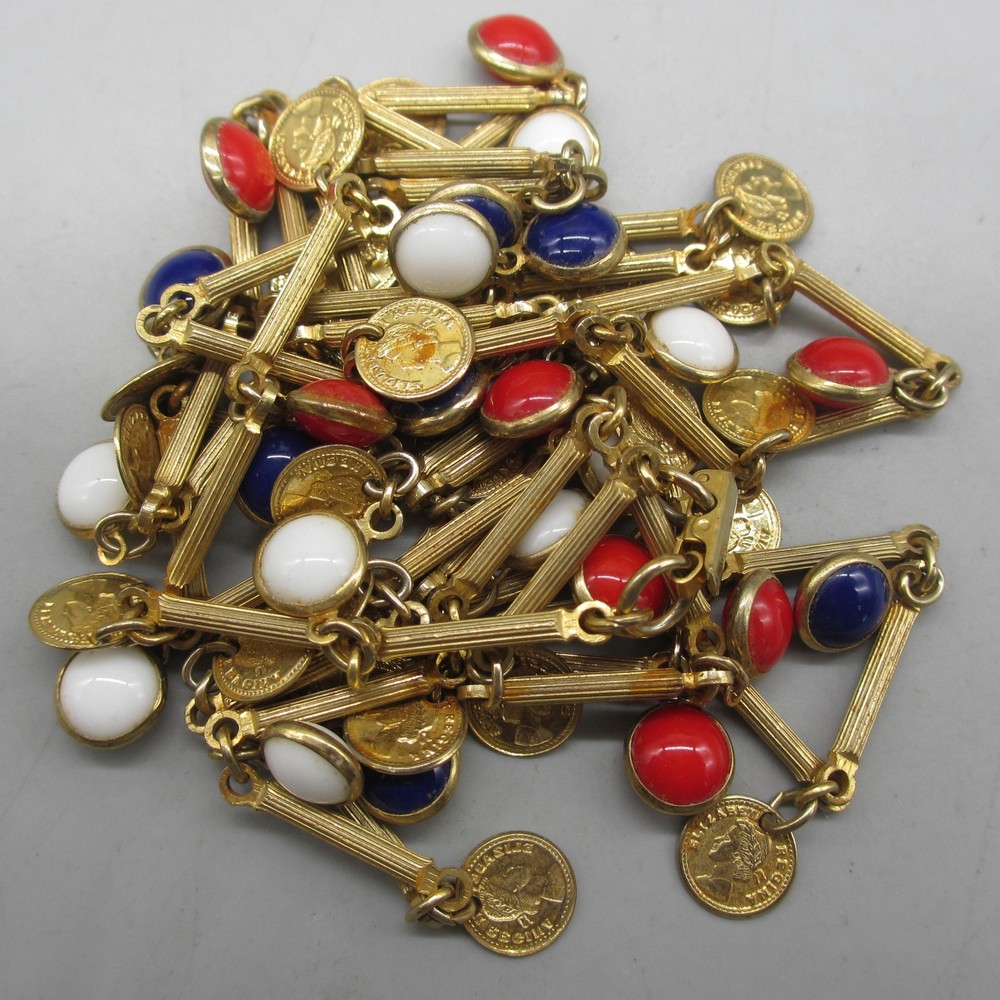 Vintage Open Bezel Necklace Faux Coin Station Gold Tone Red White Blue Rope 46″