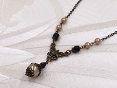 Art Nouveau Necklace Champagne Gold Crystal Pearl Black Bead Victorian Jewelry