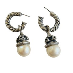 Regal Cuff Earrings VTG Dangle Silver Plated Pearl Cabochon Hoop pierced 90s