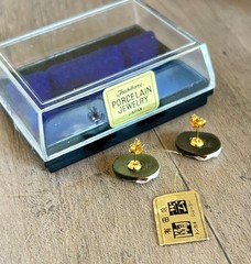 Toshikane Porcelain Geisha Mask Face Earrings Gold Posts, Original Box Japan