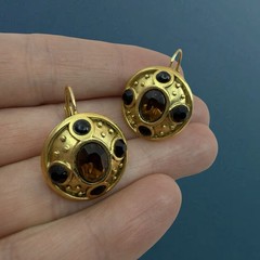 Vintage SIGNED Edgar Berebi ▪️ Etruscan Revival Amber Rhinestone Gold Earrings