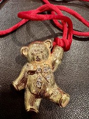 Vintage AVON Heavy Teddy Bear Brooch/Pendant Clear Rhinestone Bow Red Cord