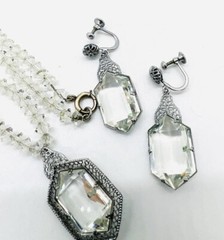 Art Deco Faceted Glass Rhodium Filigree Necklace & Earrings Vintage Jewelry