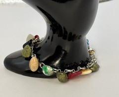 Vintage Link Polished Stone Glass Tumbled Agate Bracelet Rainbow 6.5”