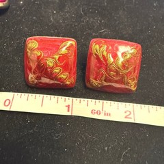 Vintage Red Gold Filigree Marbled Resin Square Stud Statement Earrings 1 Inch