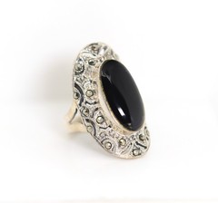 Sterling Silver Art Deco Ring 1915-1935 Oval Onyx & Marcasite, Size 53