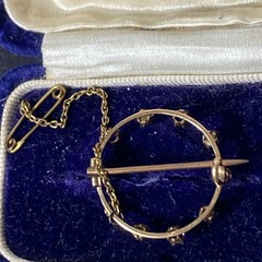 Antique Victorian 14ct Gold Simulated Sapphire&Seed Pearl Brooch w/safety chain