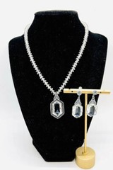 Art Deco Faceted Glass Rhodium Filigree Necklace & Earrings Vintage Jewelry