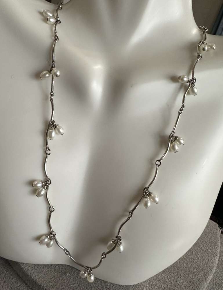 Vintage Sterling Silver Multi Pearl Dangle Bar Link Necklace