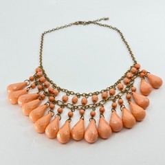 Vintage Retro Peach Teardrop Bib Necklace Antique Gold Tone Statement Jewelry