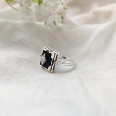 Antique Art Deco Vintage Black Onyx & Lab-Created Diamond Gift Ring 925 Silver