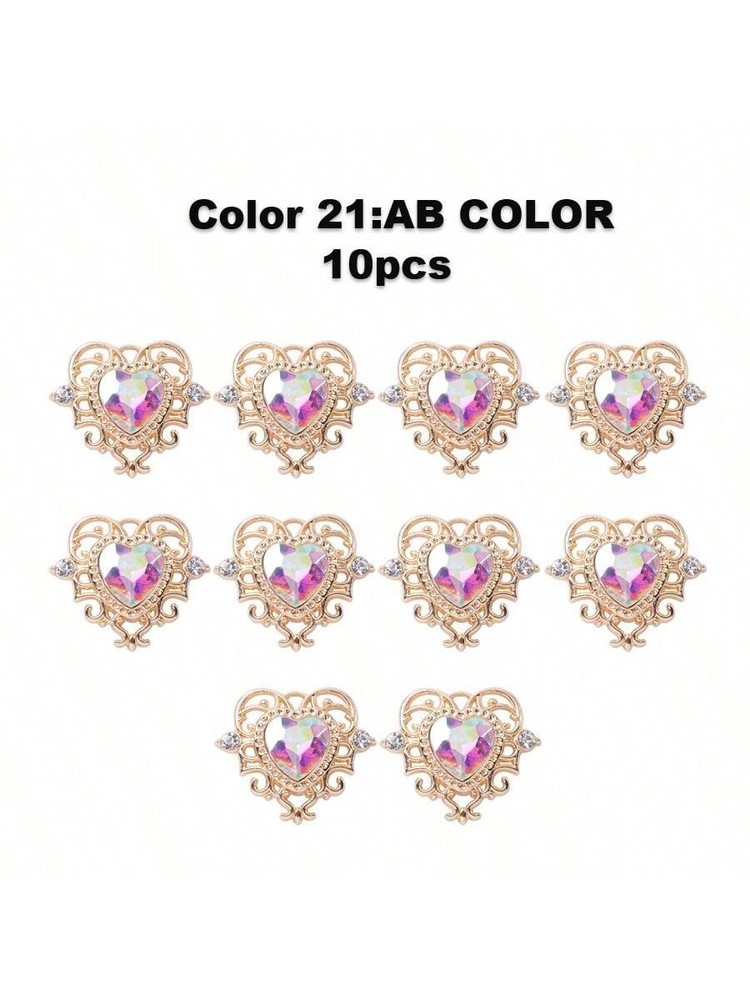 10pcs AB Color 10 Heart Pendant Gold Zinc Alloy Rhinestone Baroque Style