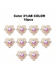 10pcs AB Color 10 Heart Pendant Gold Zinc Alloy Rhinestone Baroque Style