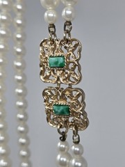 Sarah Coventry Double Strand “High Society” Faux Pearl Necklace Gold Green Clasp