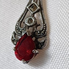 Vintage Sterling Silver Marcasite Red Pear Drop Earrings Art Deco 925 Dangle