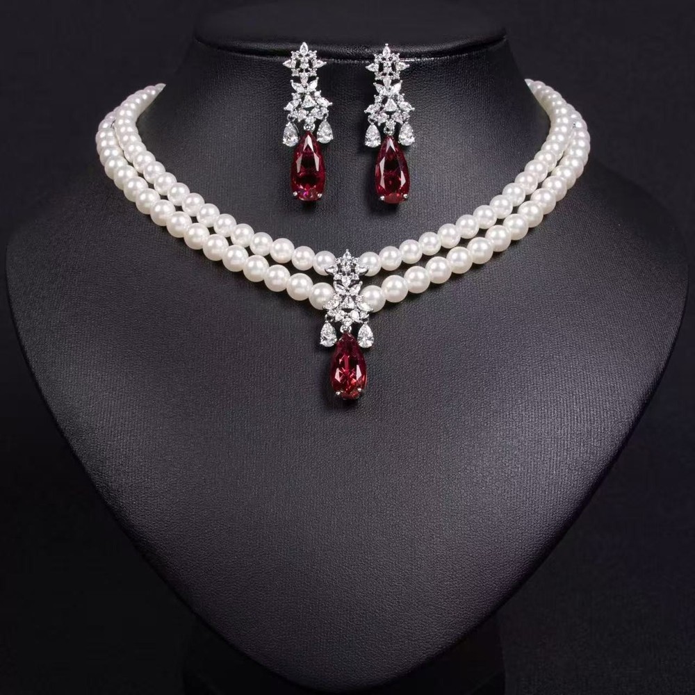 Vintage Pearl Necklace Earrings Set Red Teardrop Crystal Bridal Jewelry