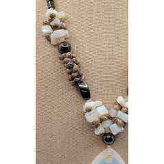 Moonstone Hematite Necklace Faux Opalite Pendant Tiny Shells Seed Bead Vintage