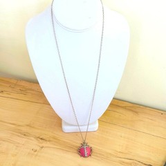 Scarab Beetle Pink-Coral Enamel Rhinestone Necklace Pendant Long Chain Charm