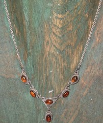 Vintage 925 Sterling Silver Genuine Amber Cabochon Necklace Baltic Style 14.75″