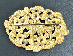 Vintage CZECH ART DECO Pin Pronged Blue Stones Gold Tone Filigree Design