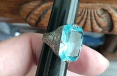 Antique Art Deco Sterling Silver Ring Czech blue Glass Size 5 1/2