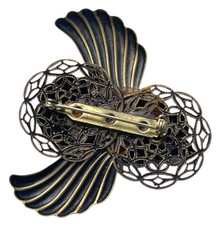 VTG Christmas Angel Brooch Rose Filigree Wings Cabochon Antique Gold Tone Pin