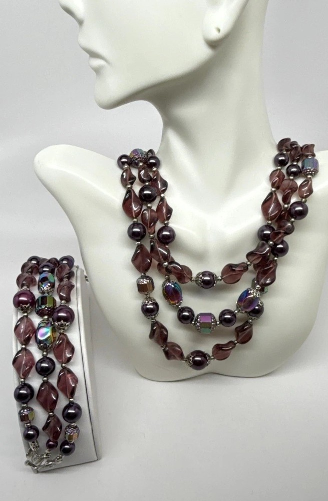 Vtg Crown Trifari purple Lucite AB Beads Demi Parure Set Silver W/ Box
