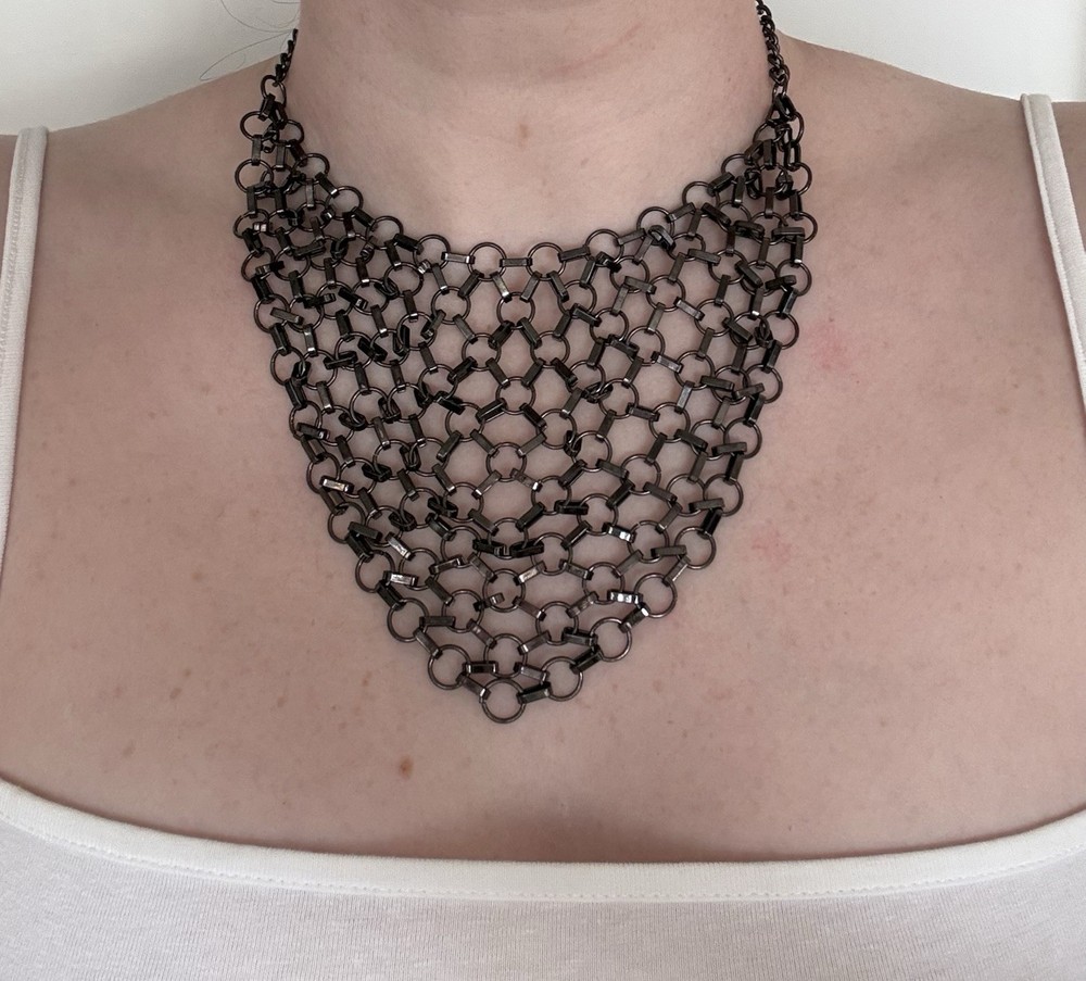 R.J. Graziano Gunmetal Chainmail Bib Statement Necklace Adjustable Collar Y2K
