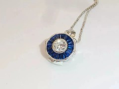 Art Deco Style Lab Created Diamond & Sapphire 14K White Gold FN Wedding Pendant