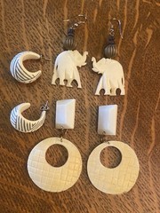 3 Pairs Vintage Carved Earrings Cuff Hoop Dangle Drop Elephant Faux Ivory Textur