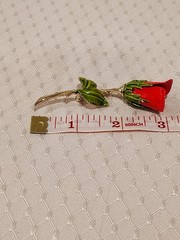 Vintage Enamel Red Rosebud Gold Stem Green Leaves Brooch Pin 3″ Long