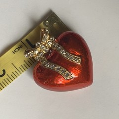 Vintage Red Enamel Puffy Heart with Rhinestone Gold tone Bow Pin Brooch