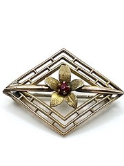 Antique Art Nouveau Brass Red Crystal Flower Openwork Brooch Pin