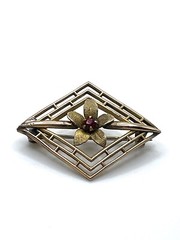 Antique Art Nouveau Brass Red Crystal Flower Openwork Brooch Pin